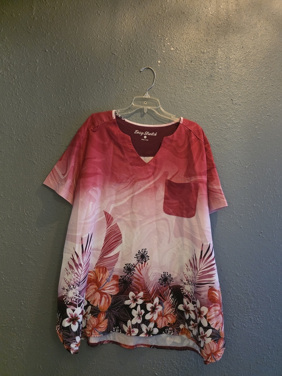 Easy Stretch Tops - FITS LIKE A XL Women's Pink Floral V-Neck Scrub TOP